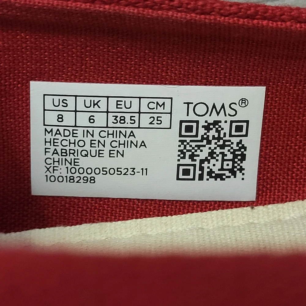 TOMS Womens Classic Alpargata Red Canvas Slip On Flats Shoes Size 8 Casual